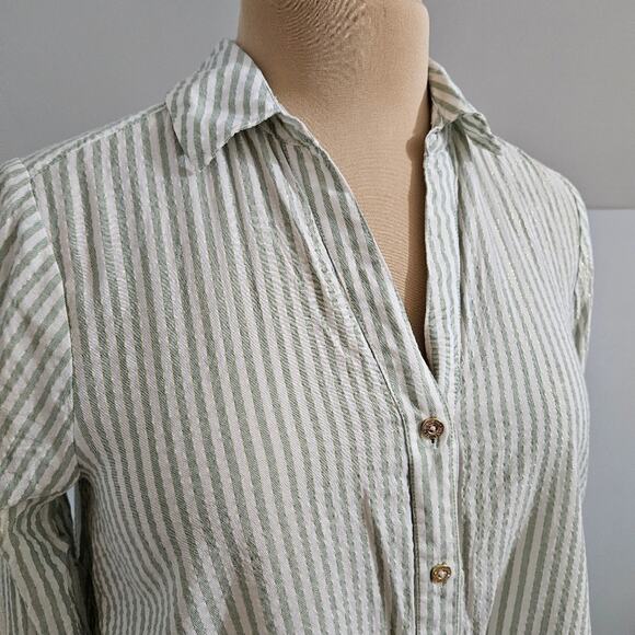 Jones New York Signature Top Green White Gold Metallic Striped Button Front S - Picture 7 of 12